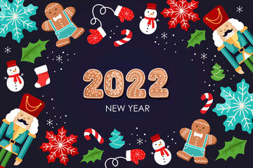 2022 new year. Merry Christmas banner. Colorful cartoon template for greeting card, calendar cover, poster, invitation. Vector illustration. Children's Christmas tree decorations. Nutcracker, snowman.