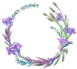 watercolor round frame with flowers and twigs of lilac eustoma and herbs for cards and packaging design isolated on white background