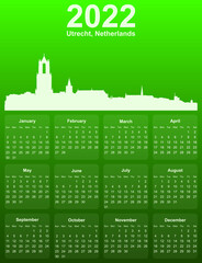 Green stylish 2022 year calendar with cityscape panorama of the city of Utrecht, Netherlands