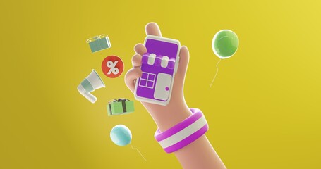 4k large resolution 3d hand illustration concept on yellow background, 3d flying balloon hand illustration and colorful confetti. Background with bubbles and mobile icons and discount offers.