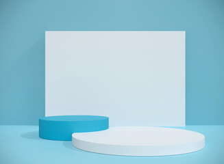 3d rendering one blue, white podium and blue wall