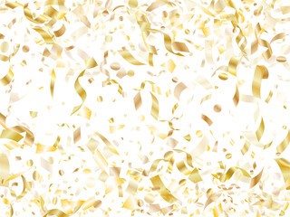 Obraz premium Holiday realistic gold confetti flying on black background.