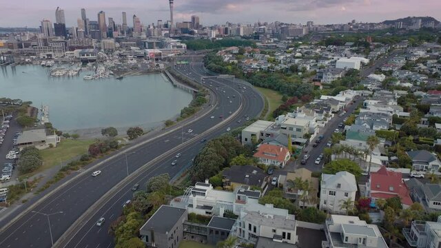 Aerial: Suburb of St Marys Bay, Auckland, New Zealand
