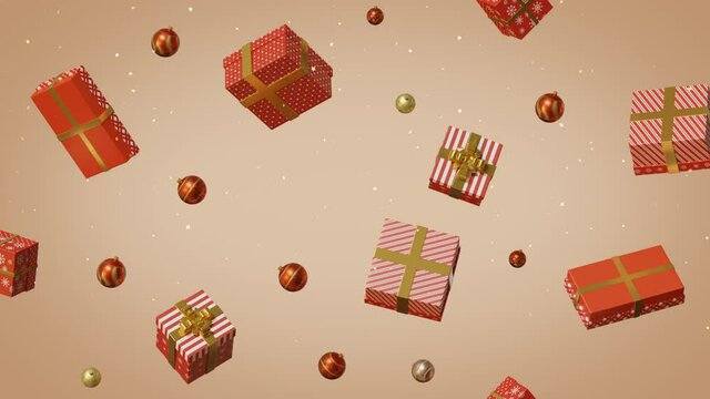Falling Christmas glass balls, gifts, present boxes abstract background. Red, golden colors, beige background. Celebrative, festive animation. Christmas, New Year mood. Slow motion. 3D Render 4K clip