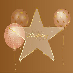 Happy birthday card. Golden greeting card for birthday with golden balloons and star