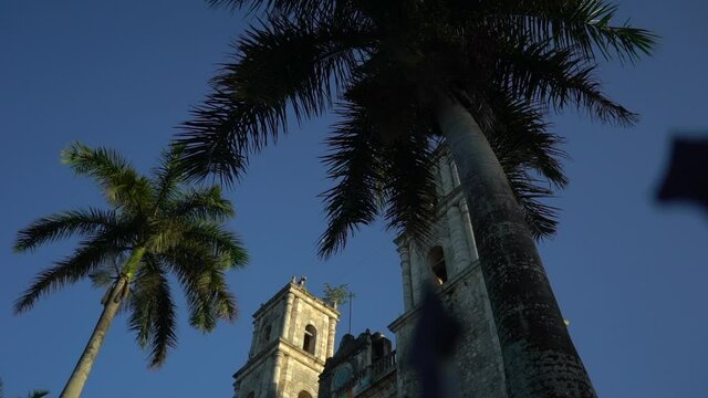 Showing the towers of the Cathedral of San Gervasio in Valladolid, Yucatan, Mexico. High quality FullHD footage