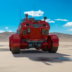 sci fi rover in the desert after rain is passing by rear view