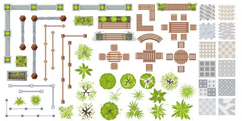 Architectural elements for landscape design top view. Outdoor furniture, fence, trees and tile path. Set of benches, plants in pots and tile for landscape design. Set for projects. Vector flat
