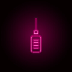 Vector illustration of a pink neon microphone hanging on a dark background. Neon object