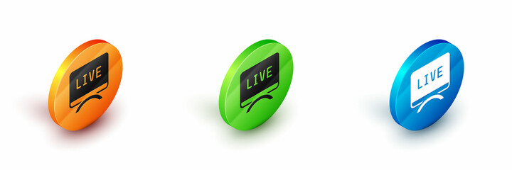 Isometric Live report icon isolated on white background. Live news, hot news. Circle button. Vector