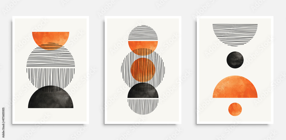 Wall mural Set of abstract creative minimalist artistic hand drawn compositions. 20s geometric design posters with primitive shapes. Ideal for wall decoration, as postcard or brochure design, vector illustration