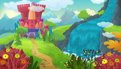 cartoon scene with nature forest princess and castle © honeyflavour
