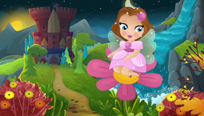 cartoon scene with nature forest princess and castle