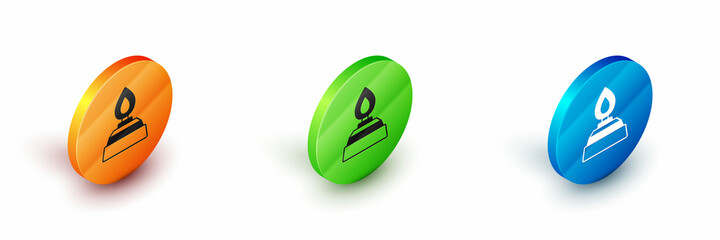Isometric Alcohol or spirit burner icon isolated on white background. Chemical equipment. Circle button. Vector