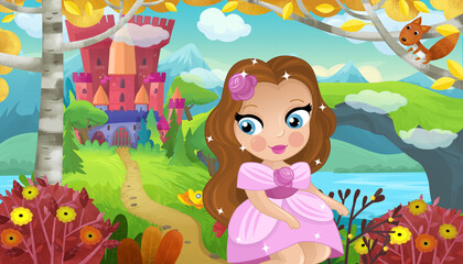 cartoon scene with nature forest princess and castle