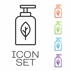 Black line Essential oil bottle icon isolated on white background. Organic aromatherapy essence. Skin care serum glass drop package. Set icons colorful. Vector