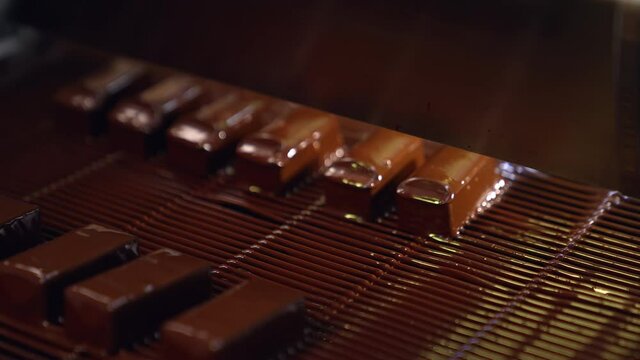 Bars of sweets poured with chocolate. Chocolate bars move along conveyor belt at confectionery factory for the production of sweets.