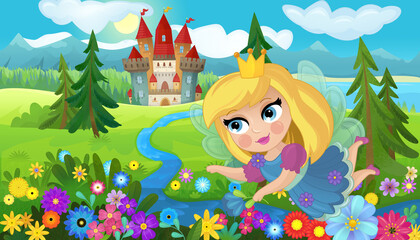 Obraz na płótnie Canvas cartoon scene with nature forest princess and castle