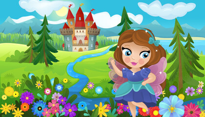 Fototapeta na wymiar cartoon scene with nature forest princess and castle