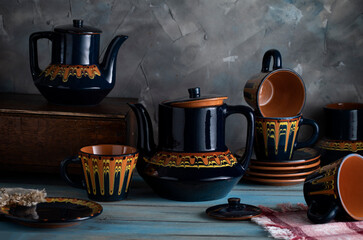 Vintage crockery on blue wooden table