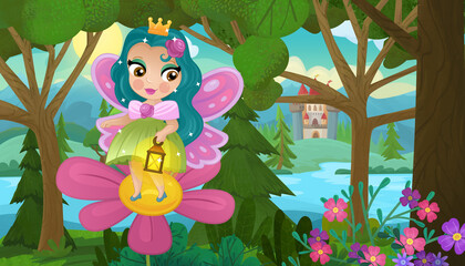 cartoon scene with nature forest princess and castle