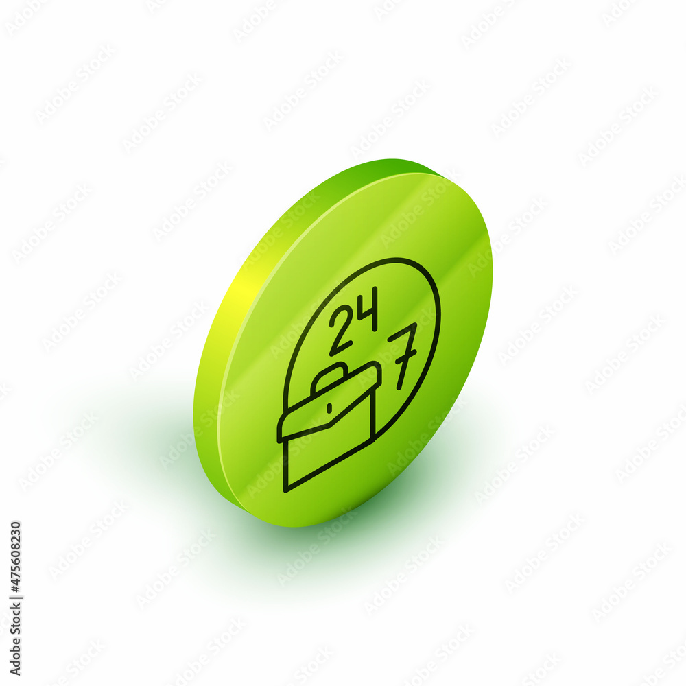 Poster isometric line always busy icon isolated on white background. green circle button. vector