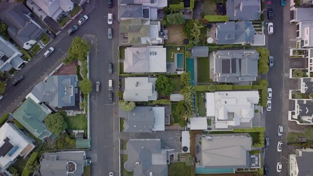 Aerial: Top down view of property in St Marys Bay, Auckland, New Zealand