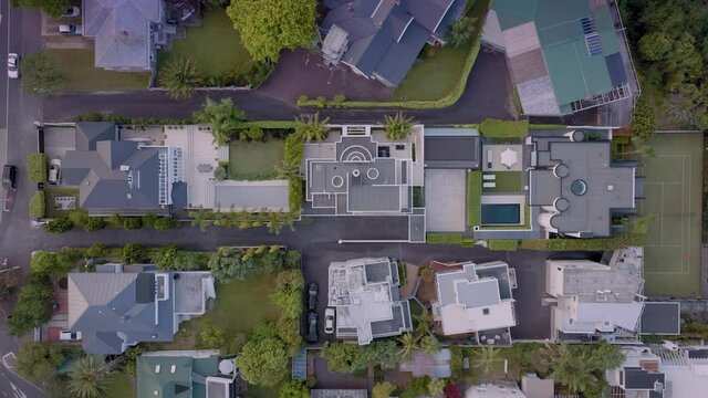 Aerial: Top down view of property in St Marys Bay, Auckland, New Zealand