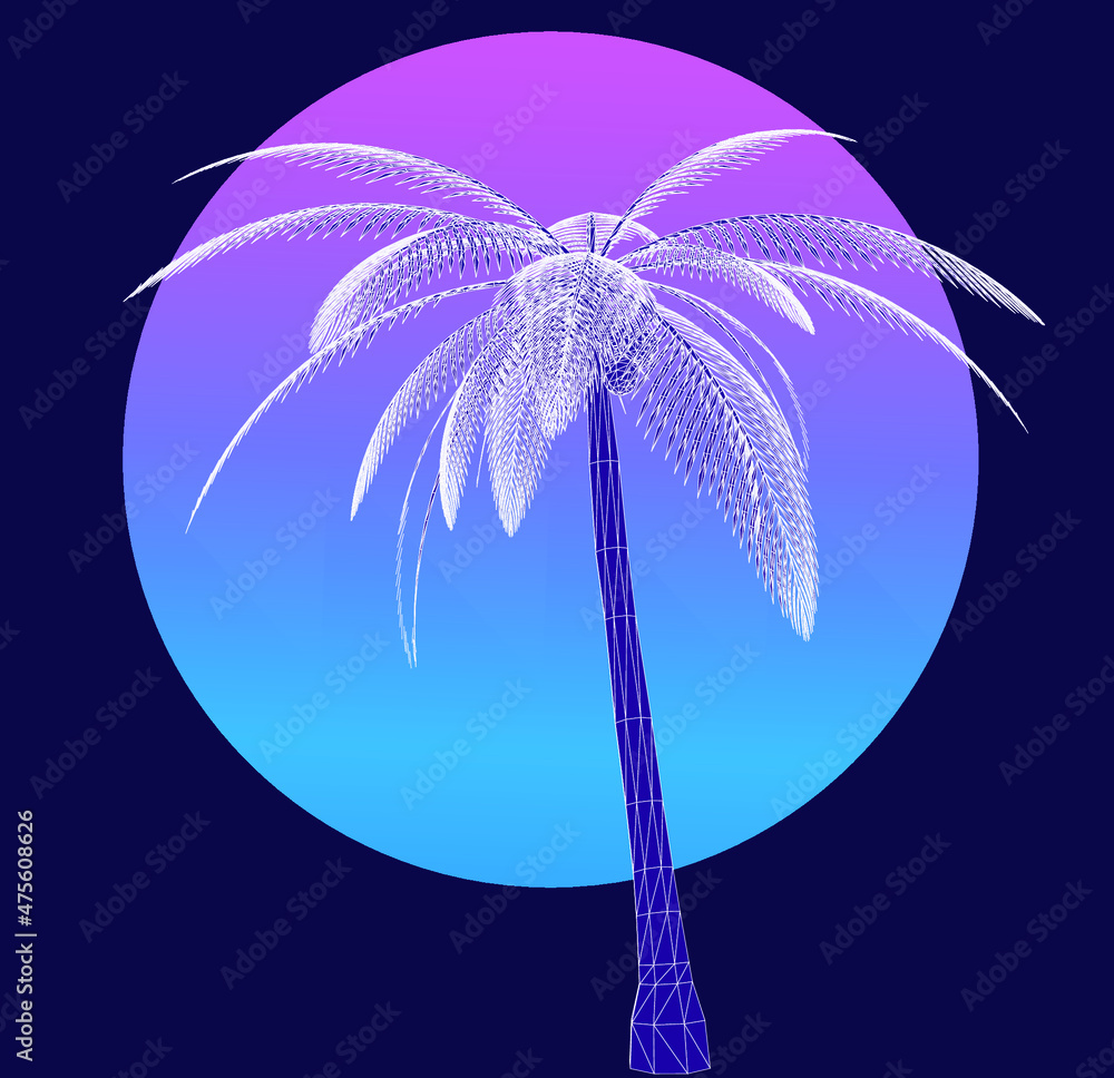 Poster 3d vector illustration of a palm in the sunset light. retrowave and vaporwave aesthetics.