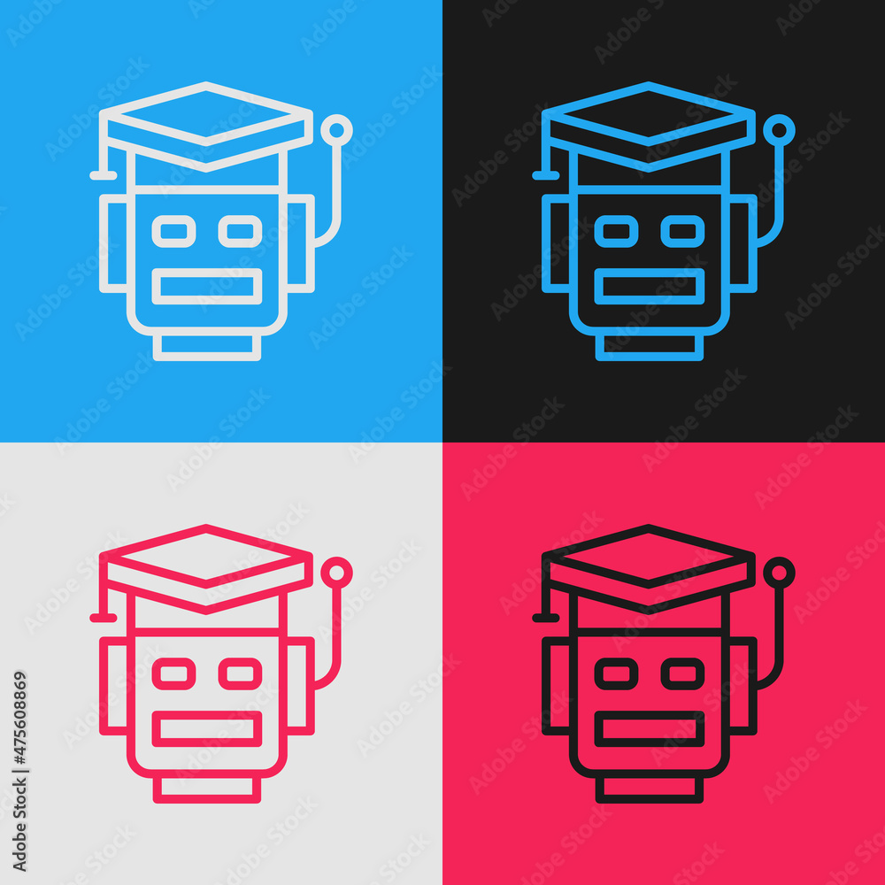 Poster pop art line robot icon isolated on color background. artificial intelligence, machine learning, clo