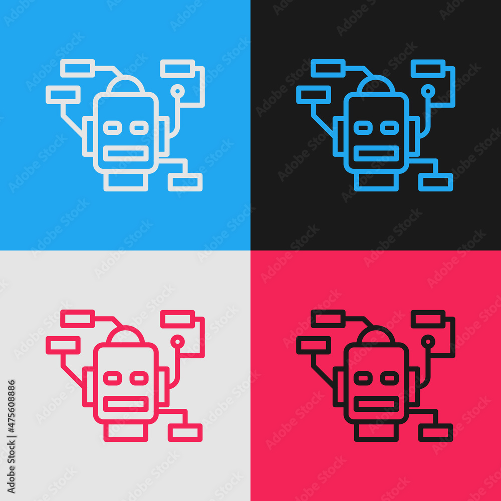 Poster pop art line robot icon isolated on color background. artificial intelligence, machine learning, clo
