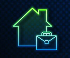 Glowing neon line Online working icon isolated on blue background. Freelancer man working on laptop at his house. Remote work. Distant job concept. Vector