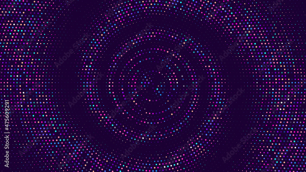 Poster spiral dotted neon halftone background. dots in circular form for technology or business concept. ve