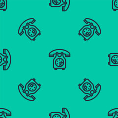 Blue line Telephone handset icon isolated seamless pattern on green background. Phone sign. Vector