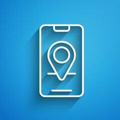 White line Infographic of city map navigation icon isolated on blue background. Mobile App Interface concept design. Geolacation concept. Long shadow. Vector