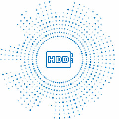 Blue line Hard disk drive HDD icon isolated on white background. Abstract circle random dots. Vector