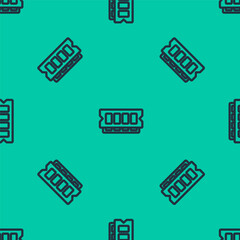 Blue line RAM, random access memory icon isolated seamless pattern on green background. Vector