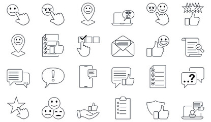 Feedback icons collection. Outline symbols collection. Contains such icons as testimonials, customer relationship management, rating, quick response, satisfaction and more. Simple web icon set.