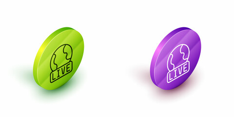 Isometric line Live report icon isolated on white background. Live news, hot news. Green and purple circle buttons. Vector