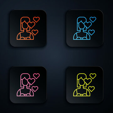 Color neon line Love yourself icon isolated on black background. Self love. Self care and happiness. Set icons in square buttons. Vector