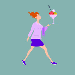 Frau mit Eisbecher auf dem Tablett