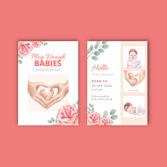 Game card  template with newborn baby concept,watercolor style