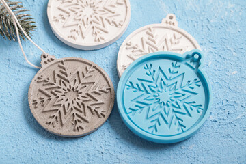 Concrete Christmas Decorations. Handmade craft gypsum objects for interior decoration. Artisan,...