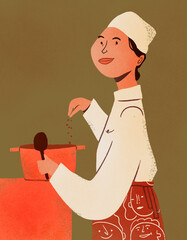 Chef with face patterned dolman cooking