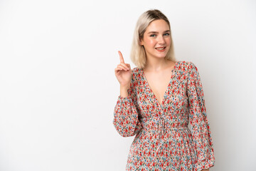 Young caucasian woman isolated on white background showing and lifting a finger in sign of the best