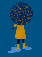 Person with face paterned umbrella coat and rain boots