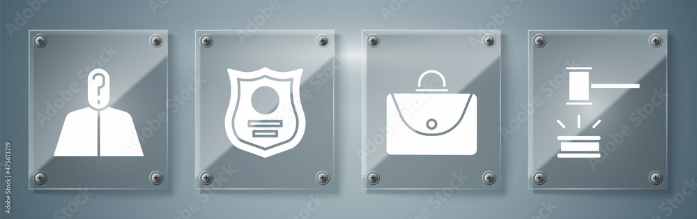 Poster set judge gavel, briefcase, police badge and anonymous with question mark. square glass panels. vect