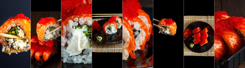 Sushi collage. A variety of sushi. Delicious assortment. popular Japanese food.