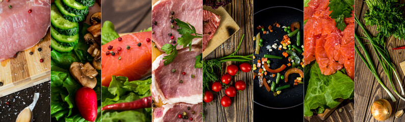 Food collage. Varied food. Delicious  assortment. Meat, fish, vegetable dishes.