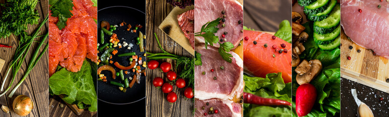 Food collage. Varied food. Delicious  assortment. Meat, fish, vegetable dishes.